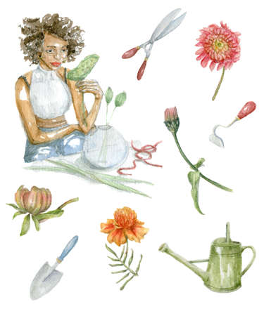 Watercolor illustration set of a florist woman, workplace, tools and flowers. Hand-drawn clip art isolated on white background illustration.の写真素材