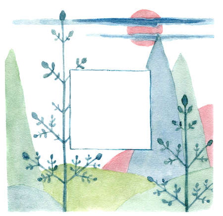 Watercolor illustration in minimalistic Scandinavian style. Pastel view of taiga forest. Landscape with a white border for text, cute illustration.の写真素材