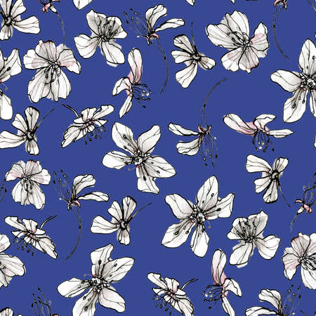 Seamles pattern with japanese sakura, flowers on blue background. Good design for oriental style textile, wallpaper or wrapping paper.の写真素材