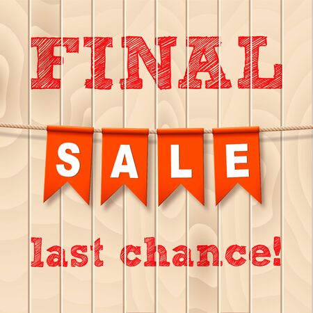 Vector realistic banner with red party flags on light wooden background. Includes different kind of discounts and SALE phrase. Easy to edit.のイラスト素材