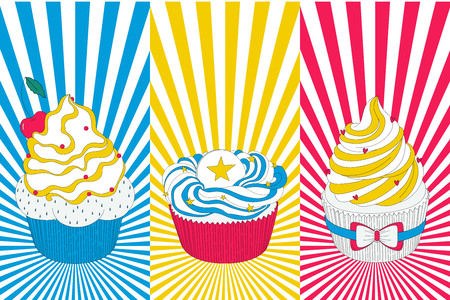Vector pop art cupcake in bright yellow, blue and red colors. Use it for your menu, invitation, websight and other kind of designs.のイラスト素材