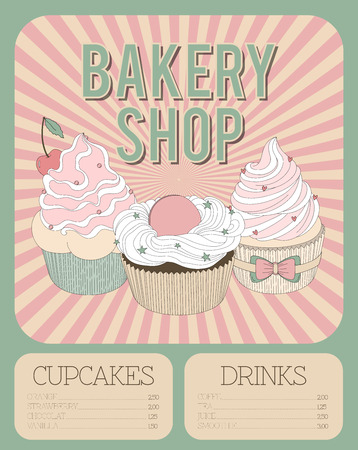 Vector beautiful poster in retro design with delicios cupcakes. The best for bakery and cupcake shop menu design or just as an advertising poster.のイラスト素材