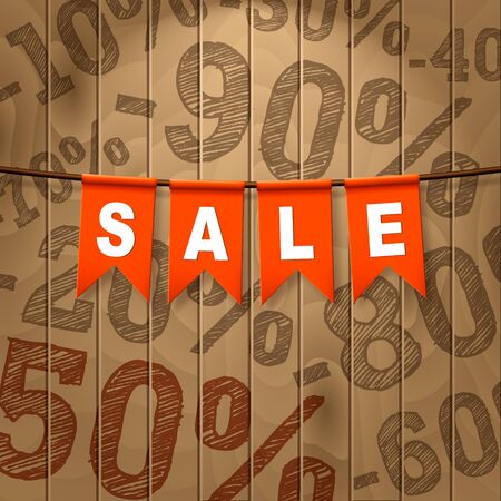 Vector realistic banner with red party flags on light wooden background. Includes different kind of discounts and SALE phrase. Easy to edit.のイラスト素材