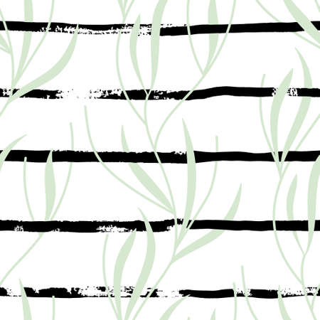 seamless pattern with hand drawn stripes and plants. Pretty colorsのイラスト素材