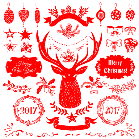 Vector Christmas and New Year set of badges, ribbons, ornaments, icons, frames, labels and design elements for greeting cards, gift tags, invitations. Red and white, vintage styleのイラスト素材