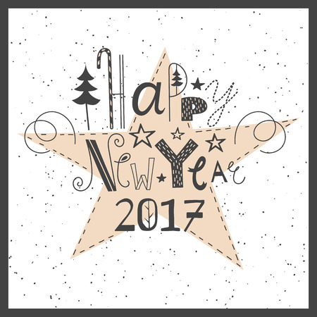 Vector hand drawn lettering sign Happy New Year 2017. Text design for greetings, card, invintations or postcards. Funny hand drawn font. Calligraphy collection.のイラスト素材