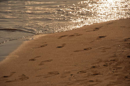 Sea waves and footprints on a sandy beach. Nature backgroundの写真素材
