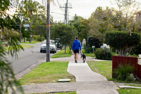 A man walking with the dog on a quiet street during the COVID-19 lockdownの写真素材