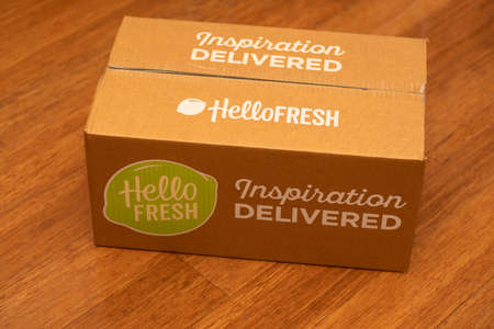 Sydney, Australia 2020-04-25 Hello Fresh meal kits in a cardbord box on the wooden floorのeditorial素材