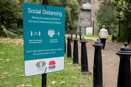 Sydney, Australia 2020-05-24 Social distancing sign in a public park in NSW, Australia during the...