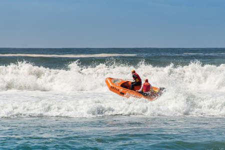 Cronulla, Australia 2020-02-15 Surf rescue life savers boat jumping on the waves at Wanda Beach, NSW, Australia.のeditorial素材