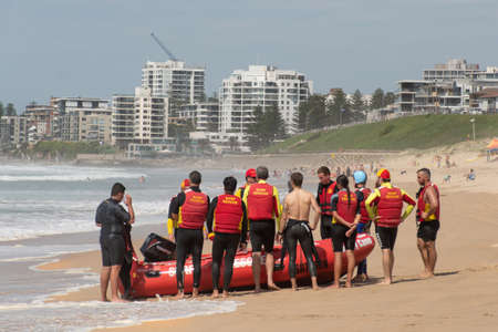 Cronulla, Australia 2020-02-15 Surf rescue life savers training in progress. Surf rescue boat surrounded by crew at Wanda Beach, NSW, Australia.のeditorial素材