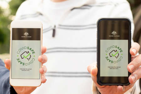Sydney, Australia 2020-05-01 COVIDSafe application on moible phones. Australian Government app to trace coronavirus COVID-19のeditorial素材