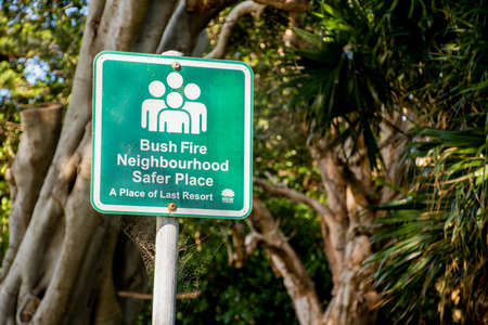 Bush fire Neigbourhood Safer place. A place of last resort. A sign indicating a safety area during bush fires in Australiaの写真素材