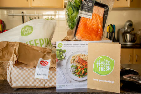Sydney, Australia 2020-05-09 Hello Fresh meal kits packed in paper bags with recipe card to prepare salmonのeditorial素材