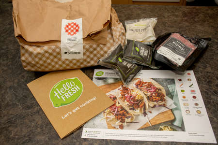Sydney, Australia 2020-05-09 Hello Fresh tacos meal kit on a kitchen countertopのeditorial素材