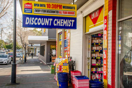 Sydney, Australia 2020-06-28 Chemist Warehouse sign above the entrance to the drug store in Caringbah, NSW. Chemist Warehouse is a large discount chemist chain with stores throughout Australiaのeditorial素材