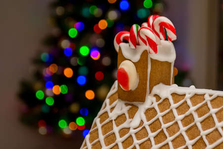 Homemade gingerbread house decorated with icing, sweets and candy canes with blurred Christmas tree on background.の写真素材