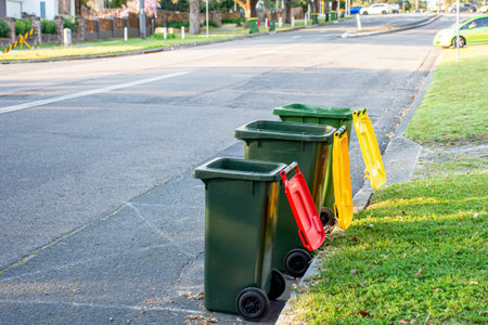 Australian garbage wheelie bins with colourful lids for recycling and general household waste lined up on the street kerbside for council rubbish collectionの写真素材