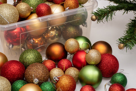 Christmas balls in a plastic transparent boxes ready to decorate a Christmas tree. Celebration conceptの写真素材
