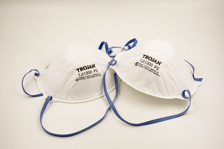 Sydney, Australia 2020-01-05 Trojan P2 disposable respirator mask suitable to protect from bushfire smoke haze particles PM2.5のeditorial素材