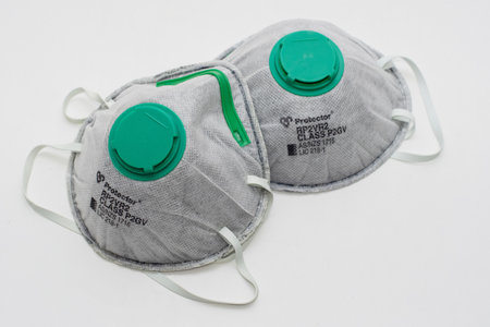 Sydney, Australia 2020-01-05 Protector P2GV carbon disposable respirator mask suitable to protect from bushfire smoke haze particles PM2.5のeditorial素材