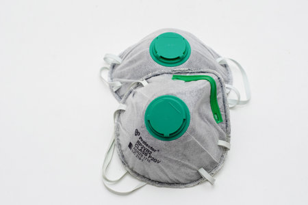 Sydney, Australia 2020-01-05 Protector P2GV carbon disposable respirator mask suitable to protect from bushfire smoke haze particles PM2.5のeditorial素材