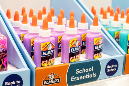 Sydney, Australia 2019-12-26 Elmers glow in the dark glue suitable for slime making on the shelf at the shop. Craft suppliesのeditorial素材
