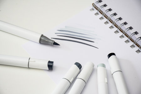 Alcohol based sketch drawing copic style markers. Brush and chisel double ended for illustrators and graphic designers. Grey colorsの写真素材