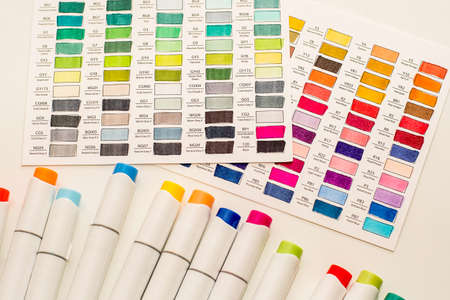 Alcohol based sketch drawing copic style markers and color swatches. Brush and chisel double ended for illustrators and graphic designers.のeditorial素材