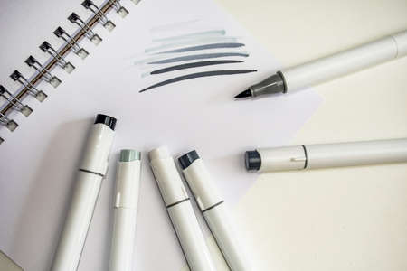 Alcohol based sketch drawing style markers. Brush and chisel double ended for illustrators and graphic designers. Grey colorsの写真素材