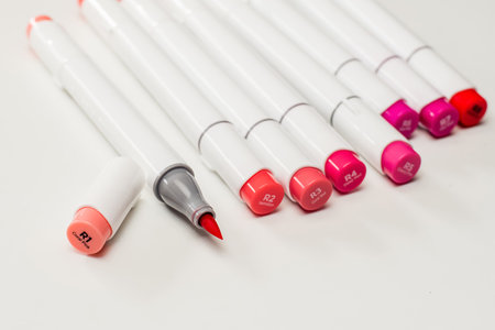Alcohol based sketch drawing style markers. Red colors. Brush and chisel double ended for illustrators and graphic designers.の写真素材
