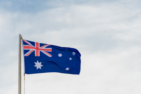 Australian flag Australian flag blowing in the wind. Australia day background with copy spaceの写真素材