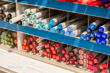 Sydney, Australia 2020-12-12 Alcohol-based Copic sketch markers on display in a shelf at stationery art supplies shop. Selective focus with blur.のeditorial素材