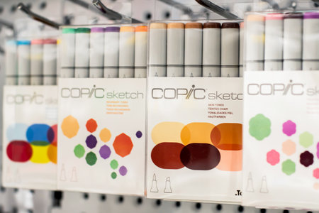 Sydney, Australia 2020-12-12 Blurred defocused image of alcohol-based Copic sketch markers on display in a shelf at stationery art supplies shopのeditorial素材