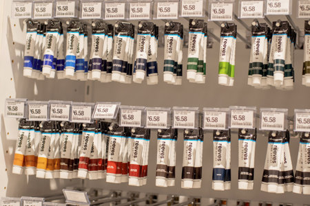 Sydney, Australia 2020-01-13 Blurred image of Reeves watercolor painting tubes on display at stationery art shop.のeditorial素材