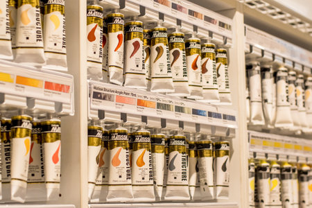 Sydney, Australia 2020-01-13 Blurred image of Matisse acrylic painting tubes on display at stationery art shop.のeditorial素材