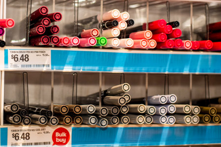 Sydney, Australia 2020-01-13 Blurred image of Tombow brush pen alcohol-based markers on display in a shelf at stationery art supplies shopのeditorial素材