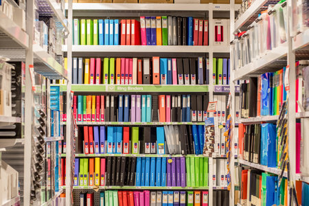 Sydney, Australia 2020-01-13 Various colors assortment of ring binders folder at Officeworks stationery shop. Back to school concept.のeditorial素材