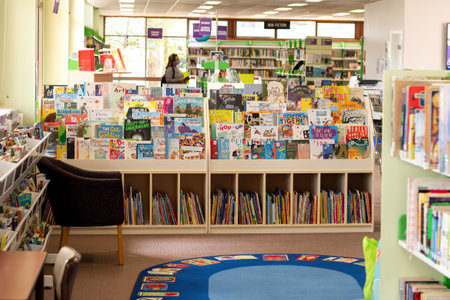 Sydney, Australia - 2021-01-06 Local library during the COVID-19 pandemic. Little kids corner with bookshelfs. Miranda, NSW.のeditorial素材