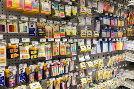 Sydney, Australia - 2020-11-28 Various sticky notes on display at the stationery shop. Back to school office supplies shopping.のeditorial素材