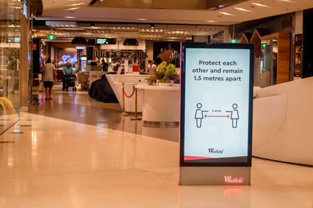 Sydney, Australia - 2020-01-14 Social distancing information at Westfield shopping centre. Protect each other and remain 1.5 metres apart.のeditorial素材