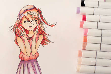 Hand drawing a cute girl anime style sketch with alcohol based sketch drawing markers.の写真素材