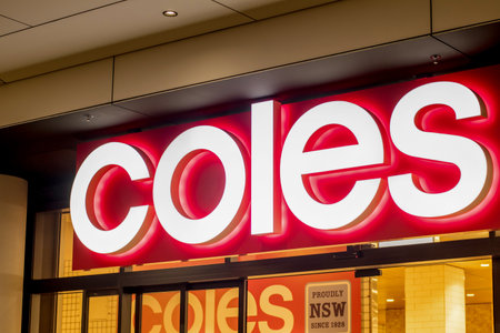 Sydney, Australia 2021-01-07: Exterior view and logo of Coles supermarket.のeditorial素材