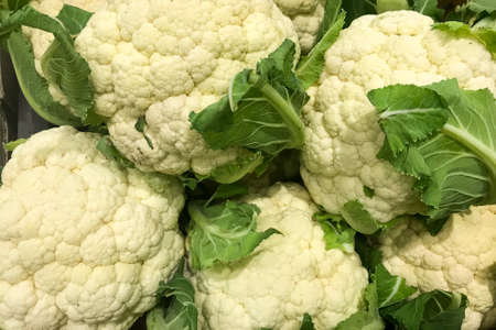 Fresh white cauliflowers piled on the market stall. Vegetable backgroundの写真素材