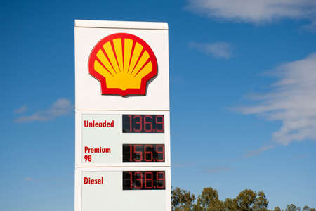 Maryvale, Australia 2021-04-07 Shell fuels brand logo sign on a white stand and fuel prices for Unleaded, DIesel and Premium 98.のeditorial素材