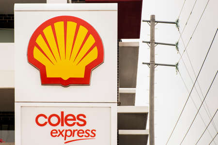 Sydney, Australia 2020-01-12 Shell fuels and Coles express brand logo sign on a white stand.のeditorial素材