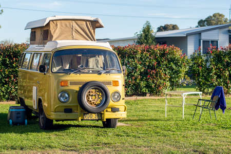 Mudgee, Australia 2021-04-03 Volkswagen Kombi Type 2 second generation with roof top tent camping on...