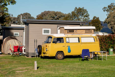 Mudgee, Australia 2021-04-03 Volkswagen Kombi Type 2 second generation with roof top tent camping on...