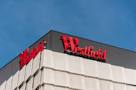 2021-05-02 Sydney, Australia Westfield Miranda shopping centre exterior view with logo sign.